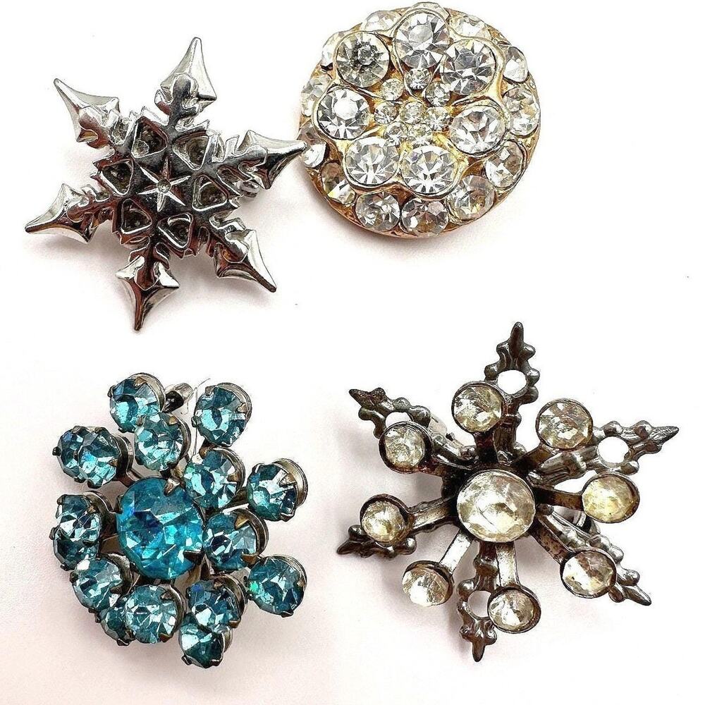 Vintage 80s Rhinestone Snowflake Starburst 4 Broochs Pins Two Tone Retro Jewelry